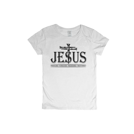 Jesus - Rescued - Redeem - Forgiven - Restored White T-Shirts