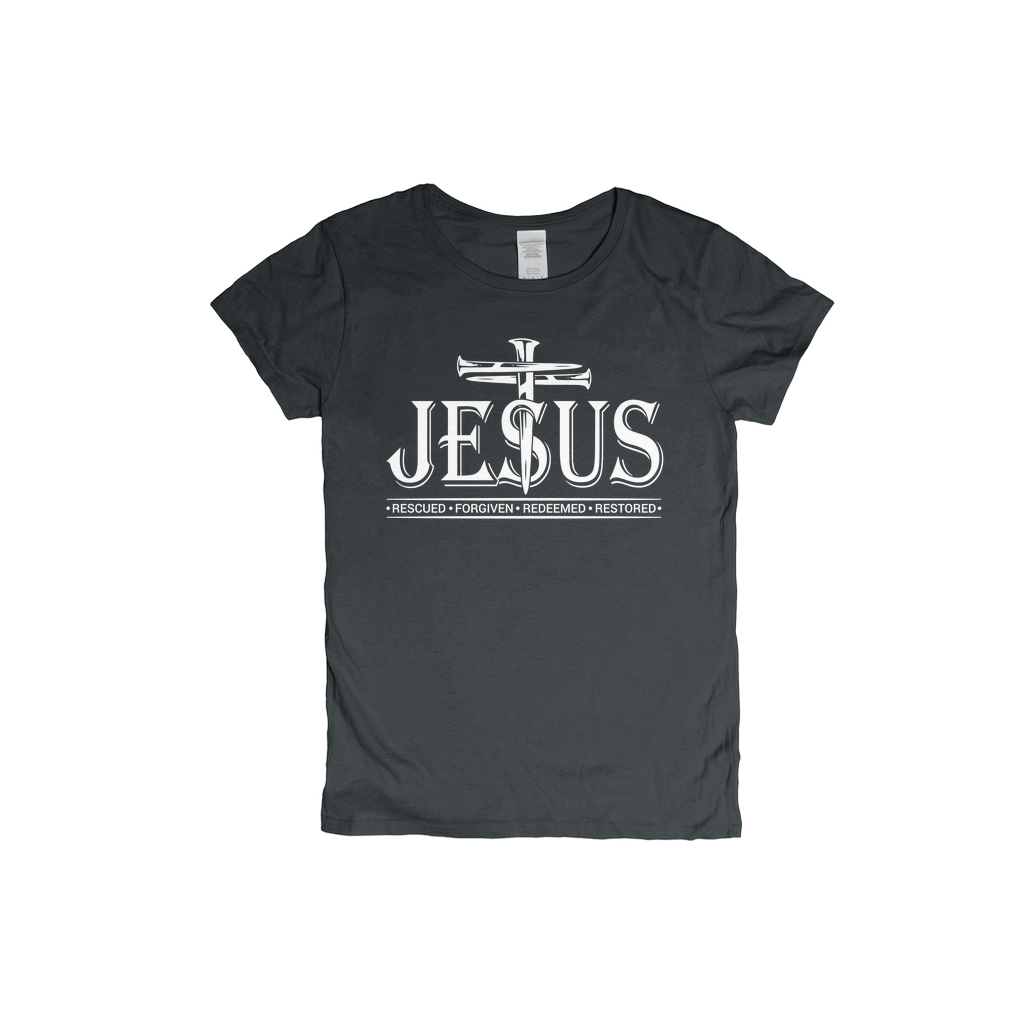 JESUS - RESCUED - FORGIVEN - REDEEMED - RESTORED  BLACK TSHIRT